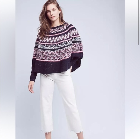 ANTHROPOLOGIE Fair Isle Sleeping On Snow Poncho Cape Style Sweater M Like New - Picture 8 of 16